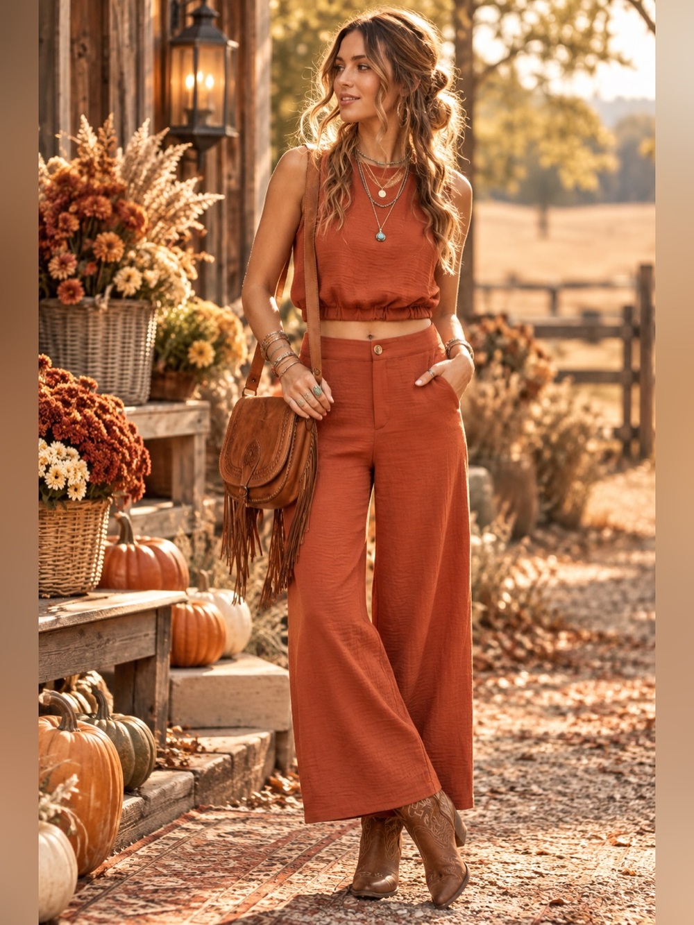 STUNNING Paper Crane Two-Piece Crop Top & Wide Leg Hobo Set SMALL